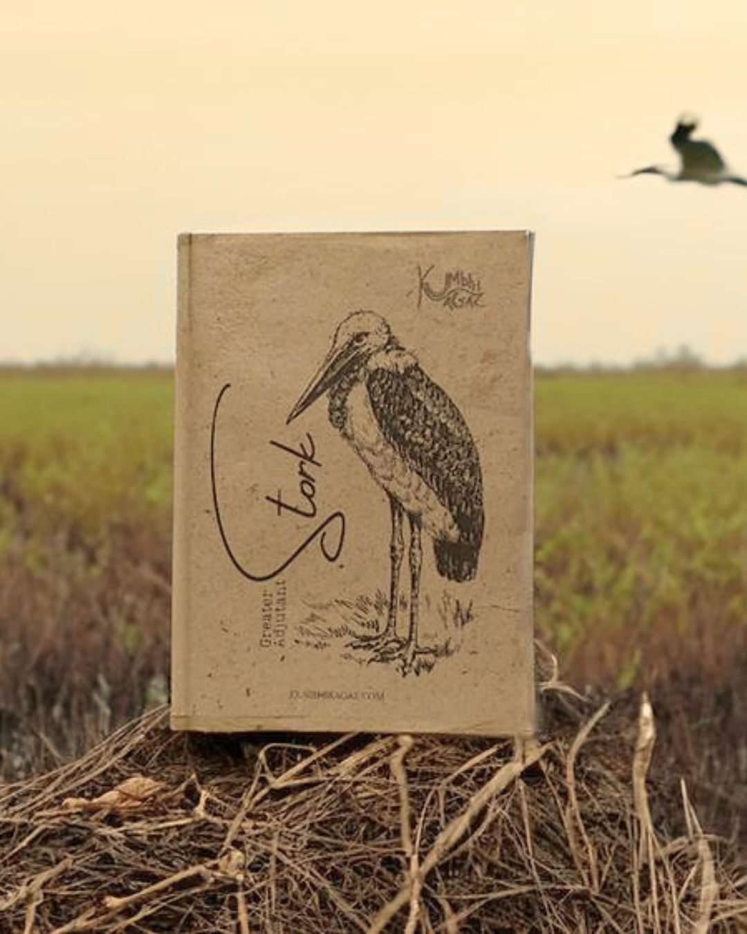 "Greater Adjutant Stork Print", Plain Journal, Handmade From Water Hyacinth